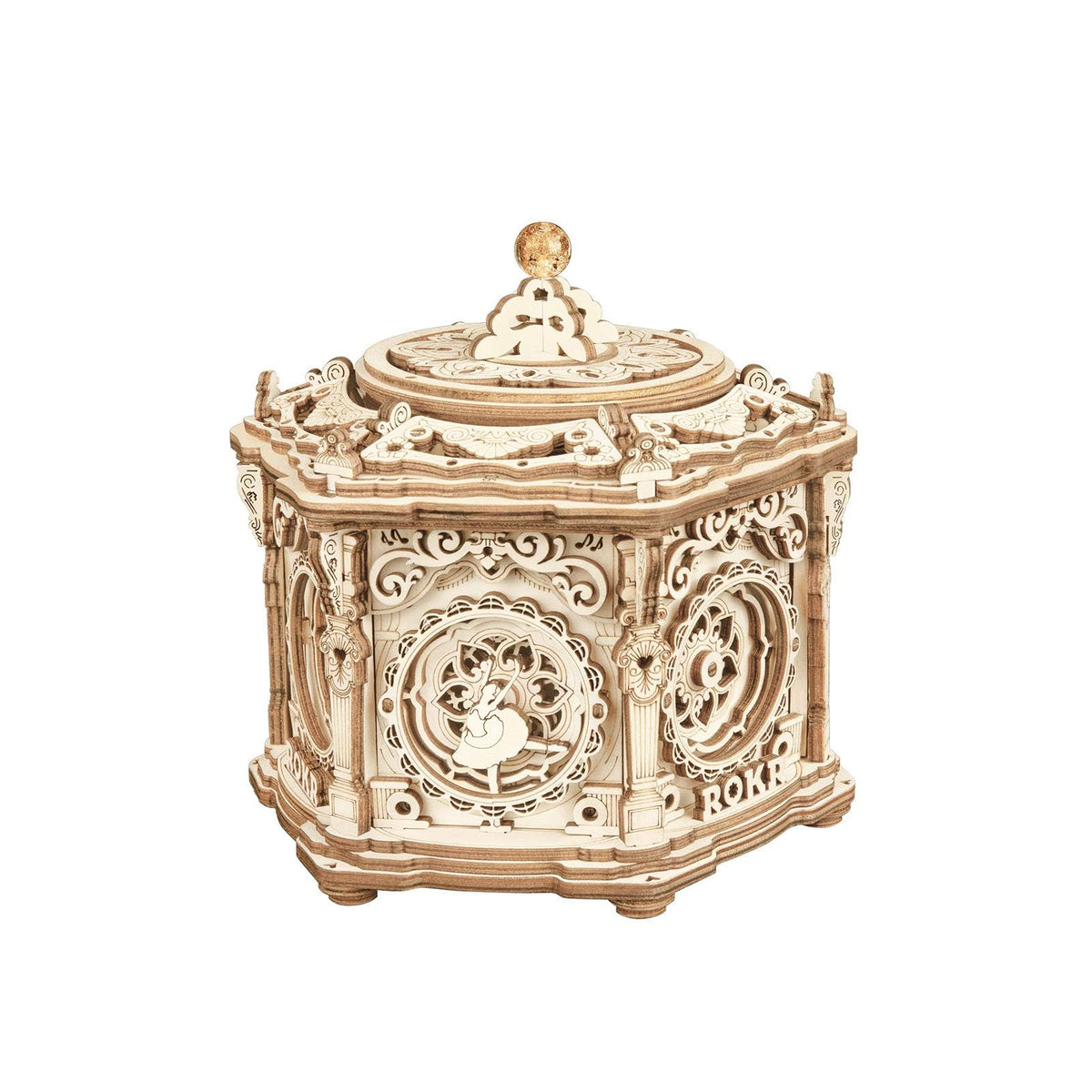 ROKR 3D wooden puzzle music box during assembly for a satisfying DIY decor project.