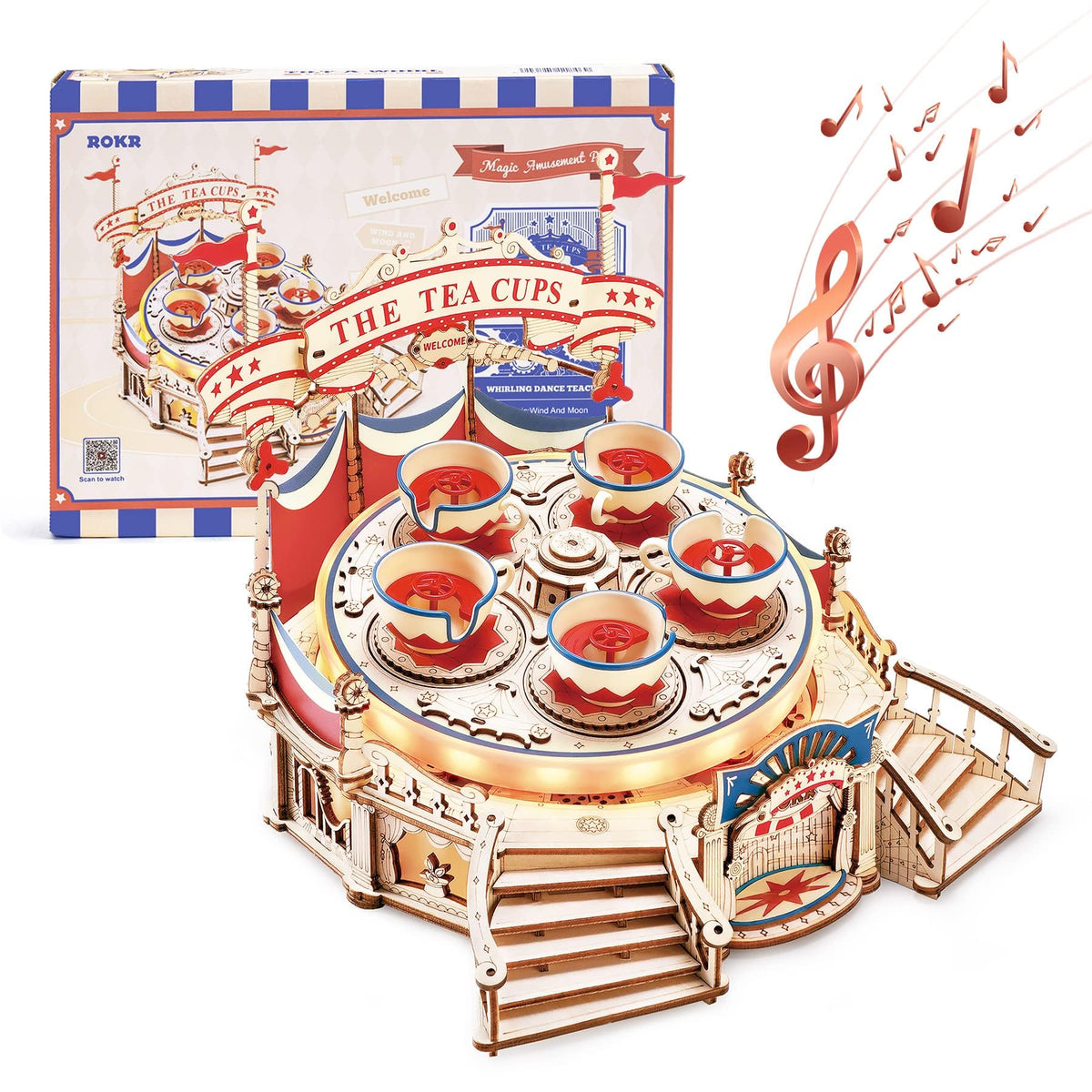 ROKR 3D wooden puzzle LED music box on desk, illuminated for display.