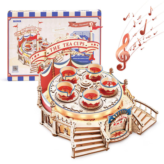 ROKR 3D wooden puzzle LED music box on desk, illuminated for display.