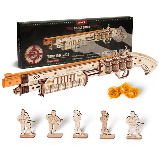 ROKR 3D wooden puzzle rubber band gun assembly with precise fit for a satisfying build