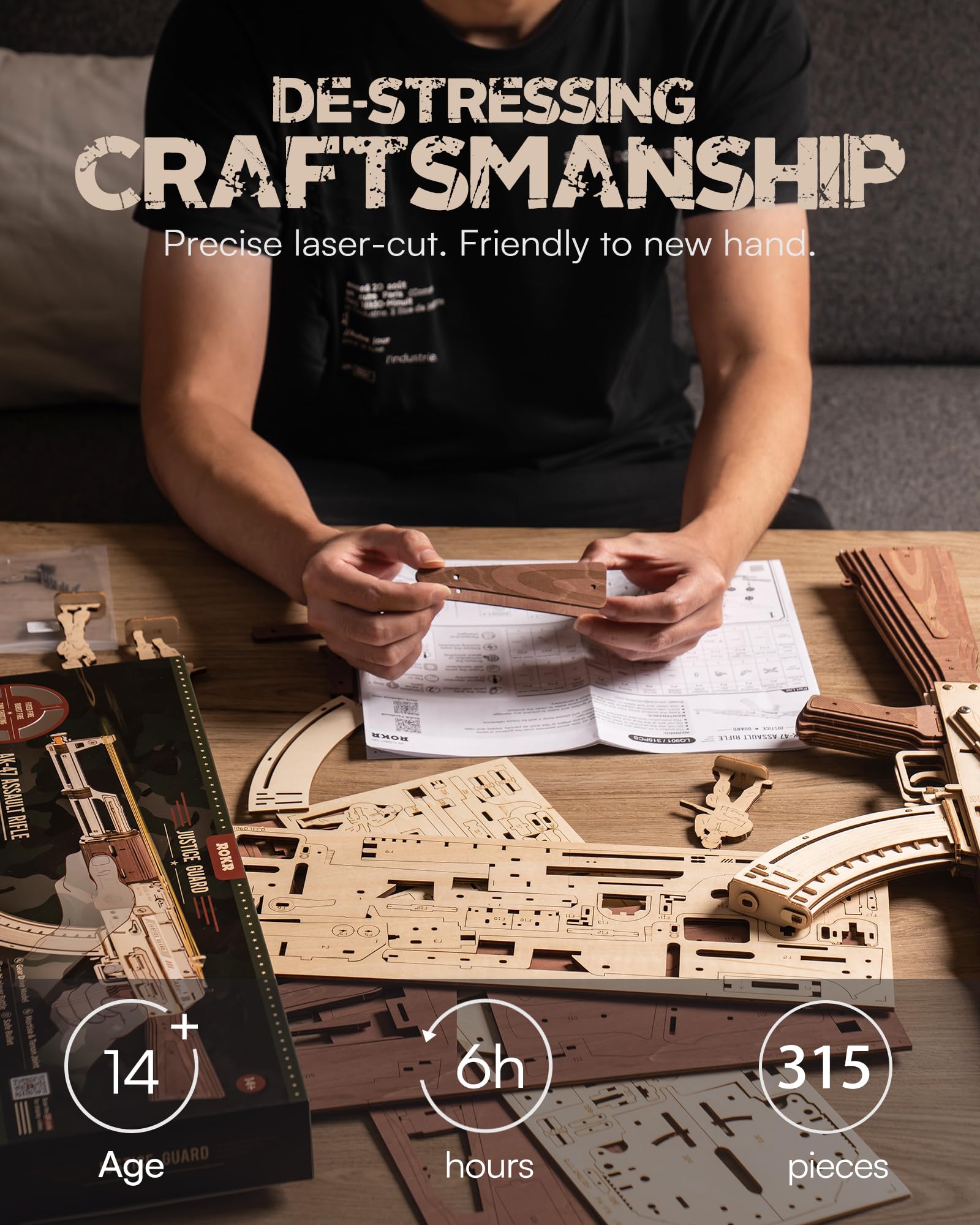 ROKR AK47 laser-cut parts ensure precise fit and clean construction