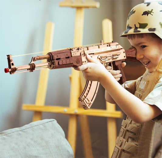 ROKR AK47 rubber-band shooter demonstrating safe pretend play and fun