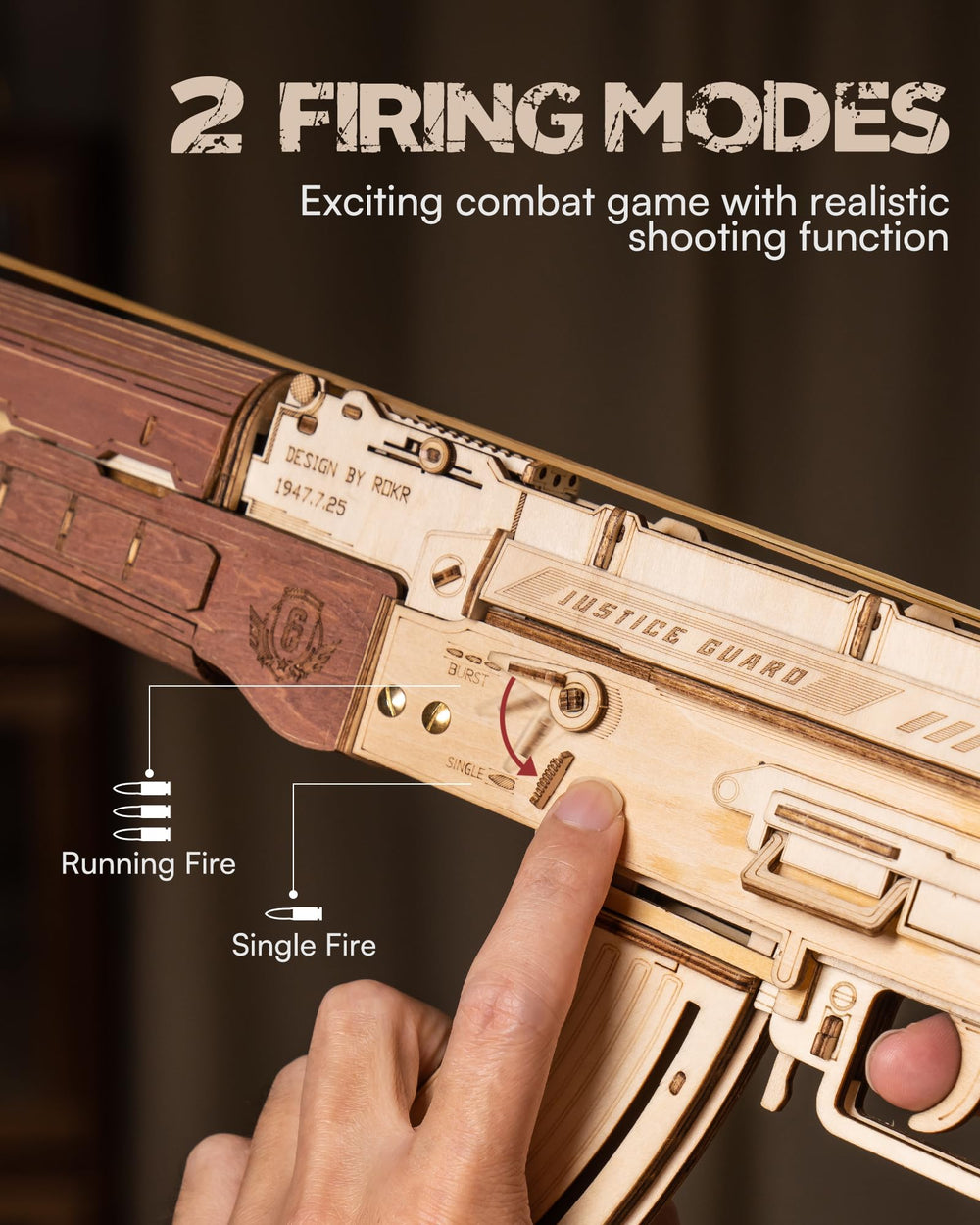 ROKR AK47 safety lock feature promoting careful handling during play