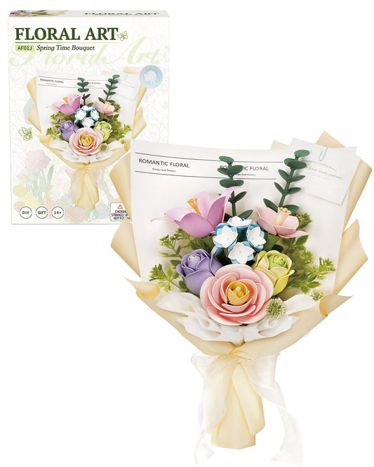 ROKR bouquet flower assembly shows lifelike petals for a calming desk display.