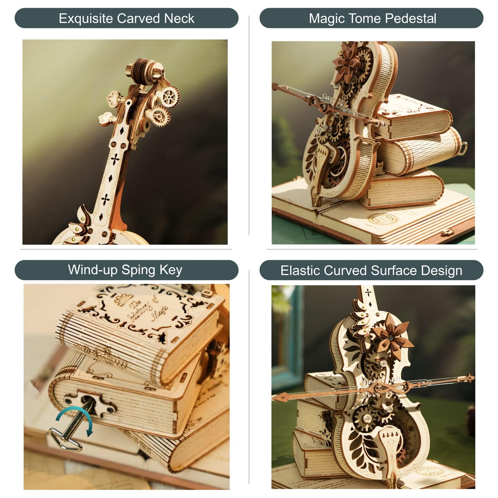 ROKR cello bow wind-up mechanism detail for automatic melody during display.
