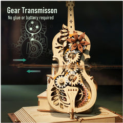 ROKR cello gear movement close-up emphasizes wind-up mechanism and sound potential.