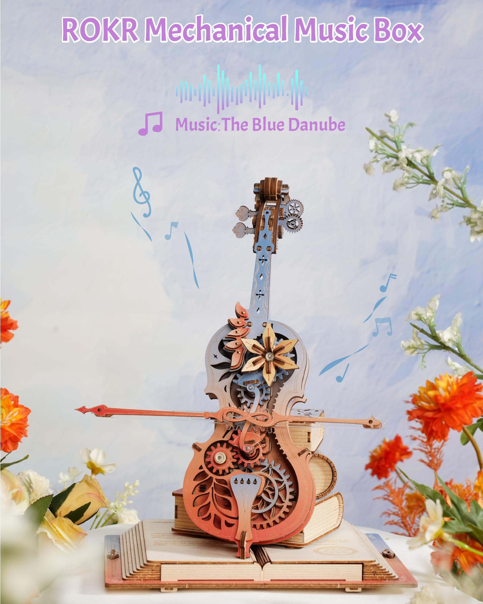 ROKR cello mechanism bow drive close-up showing autonomous motion
