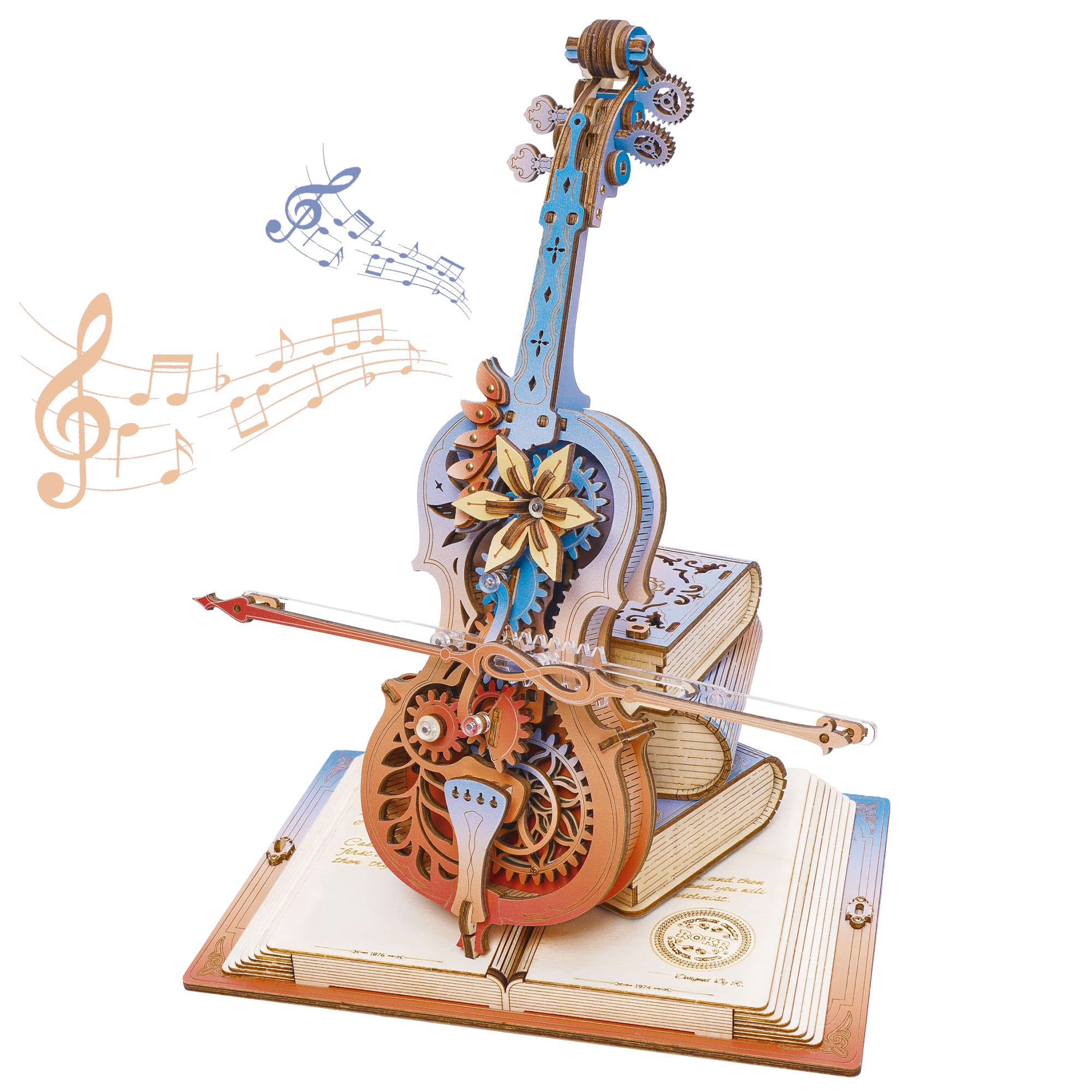 ROKR cello wooden model front view on a sleek desk display