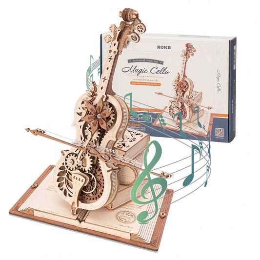 ROKR cello wooden puzzle kit showing precise laser-cut pieces for a tight build