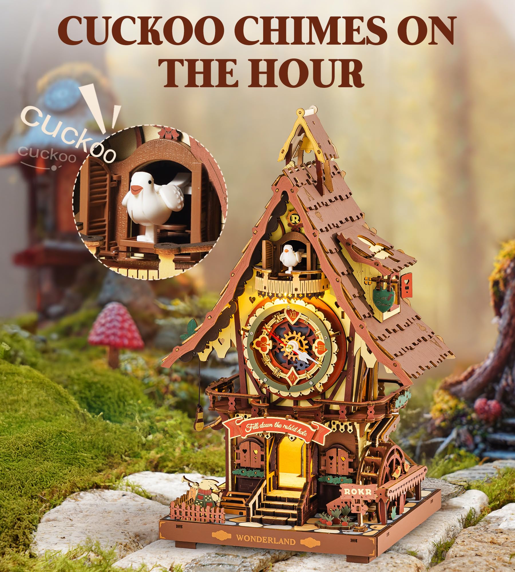 ROKR Cuckoo Clock dial close-up reveals precise gears for hands-on mechanical learning