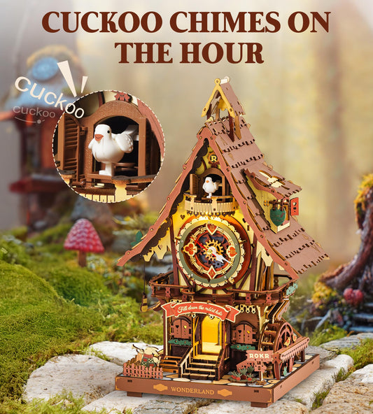 ROKR Cuckoo Clock dial close-up reveals precise gears for hands-on mechanical learning