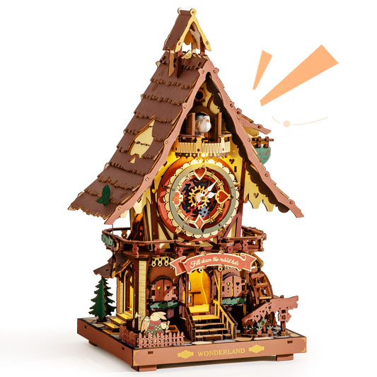 ROKR Cuckoo Clock front view showcases intricate laser-cut pieces for immersive DIY fun