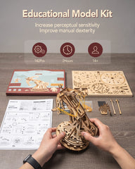 ROKR wooden catapult kit parts highlight the 142-piece interlocking design.