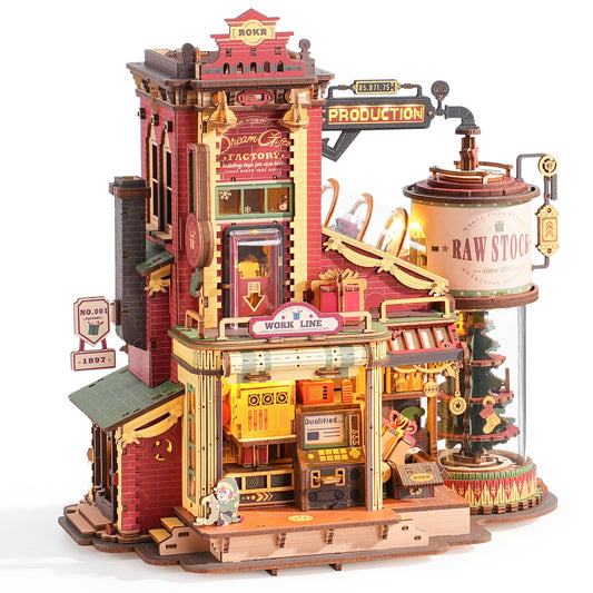 ROKR Dream Gift Factory puzzle parts laid out for precise assembly and focus.