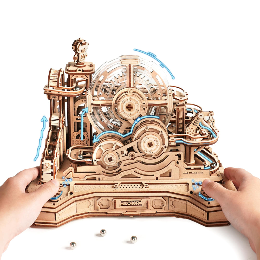 ROKR Gear Ball Challenge side view shows six mechanisms in motion for hands-on exploration.