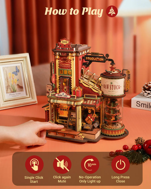 ROKR Gift Factory puzzle showing glowing chimneys for festive ambience.