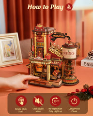 ROKR Gift Factory puzzle showing glowing chimneys for festive ambience.