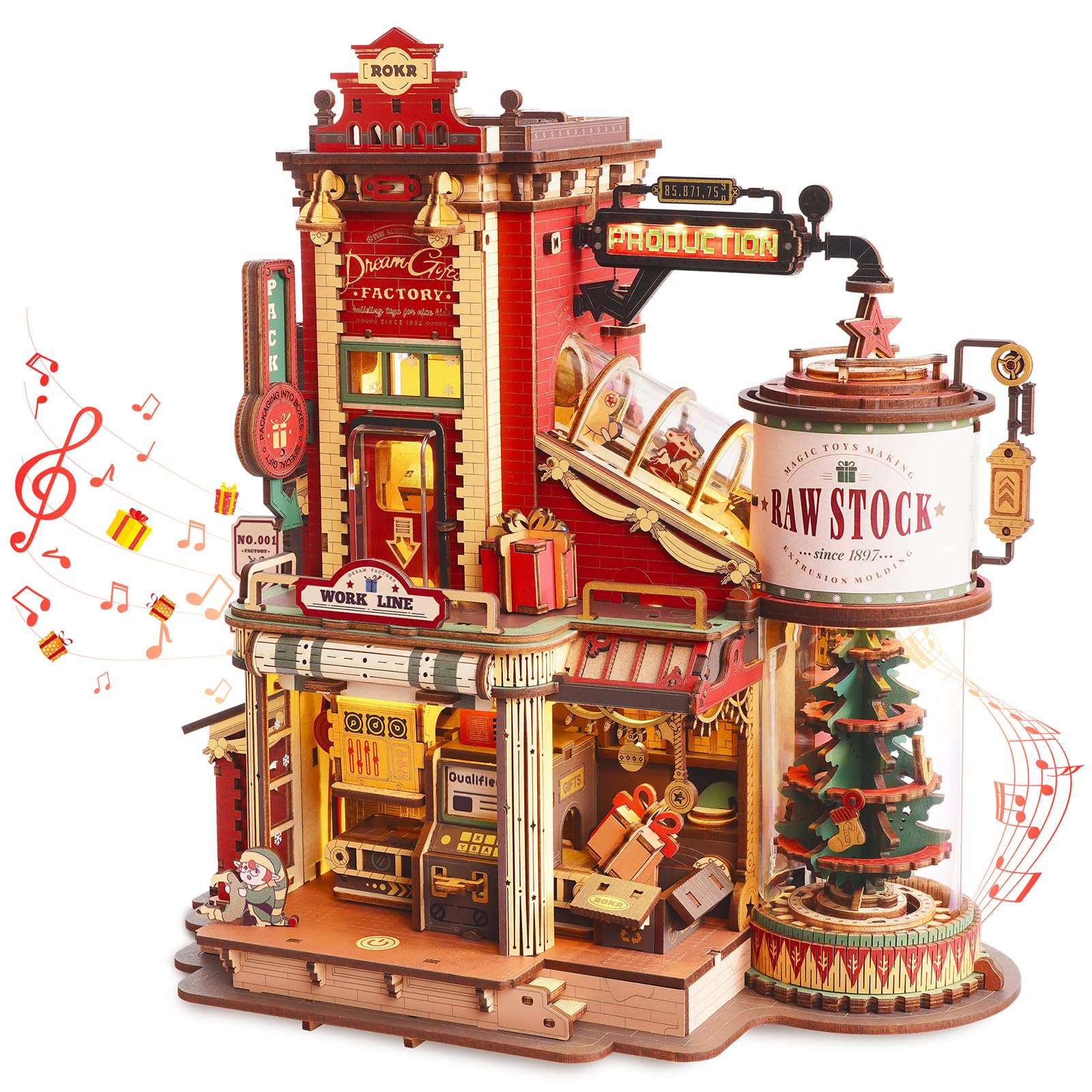 ROKR Gift Factory puzzle with rotating conveyor belts for an engaging desk display.