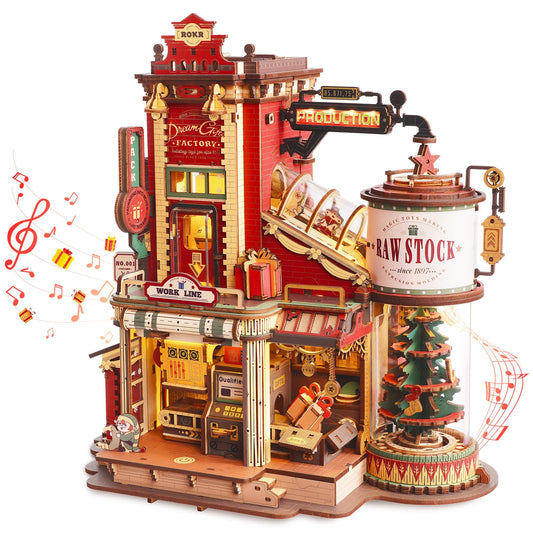 ROKR Gift Factory puzzle with rotating conveyor belts for an engaging desk display.