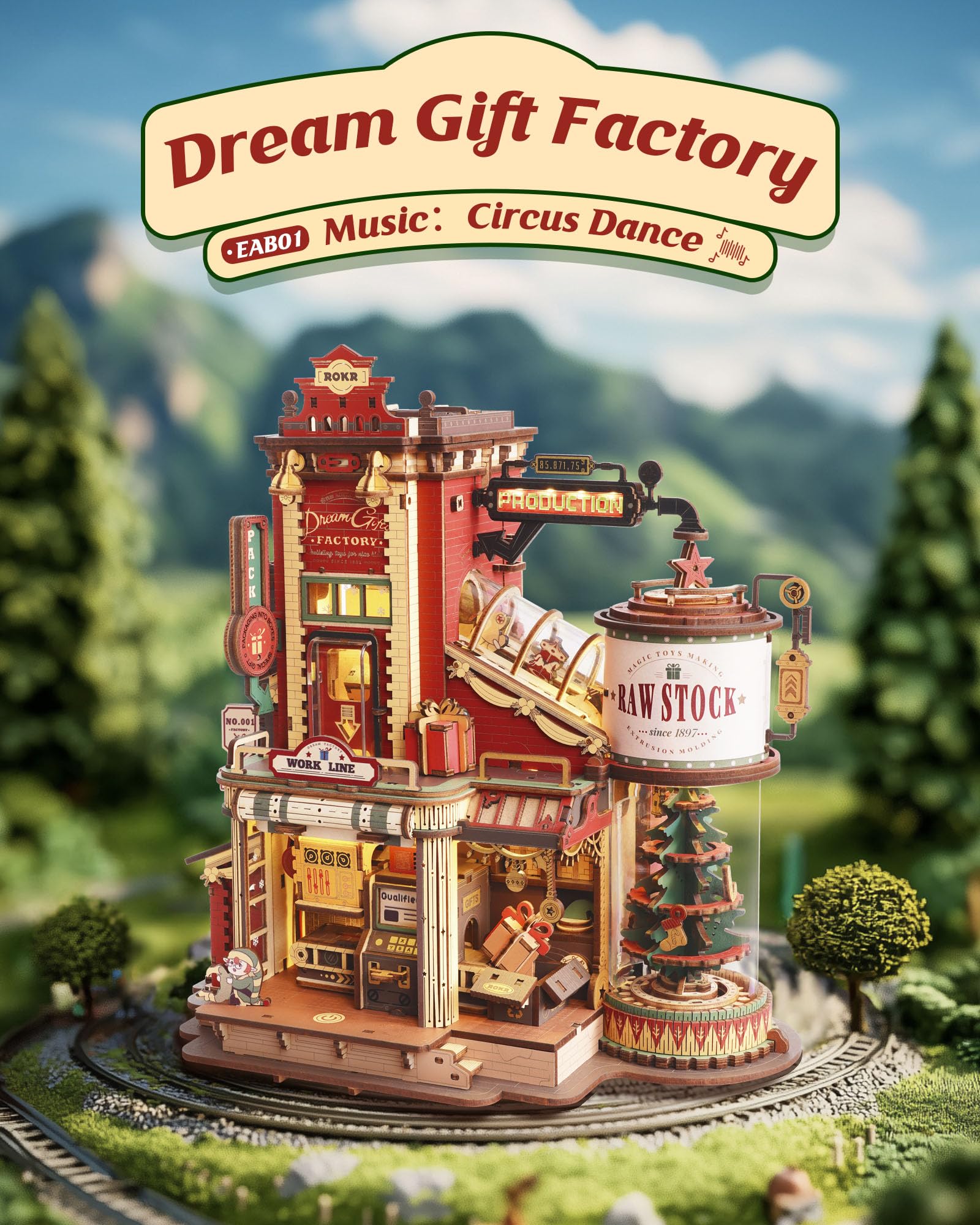 ROKR Gift Factory puzzle featuring moving mechanical elves for interactive play.