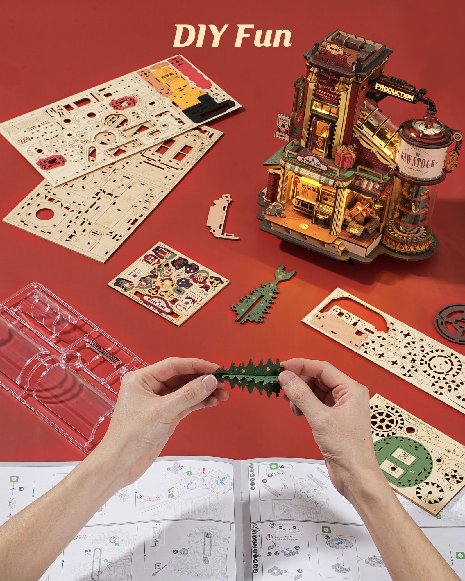 ROKR Gift Factory puzzle uses durable plywood pieces for repeated use.
