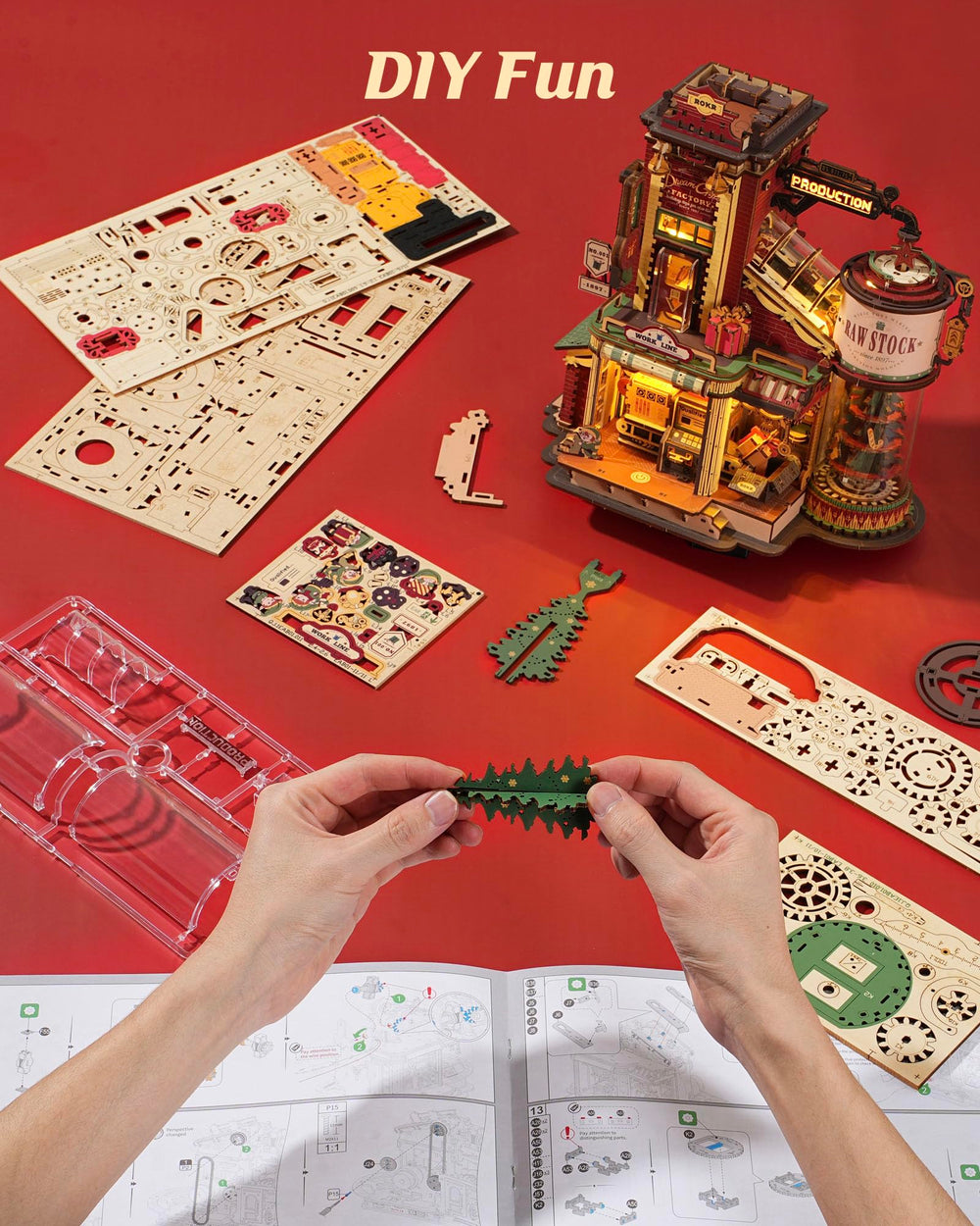 ROKR Gift Factory puzzle uses durable plywood pieces for repeated use.