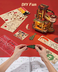 ROKR Gift Factory puzzle uses durable plywood pieces for repeated use.