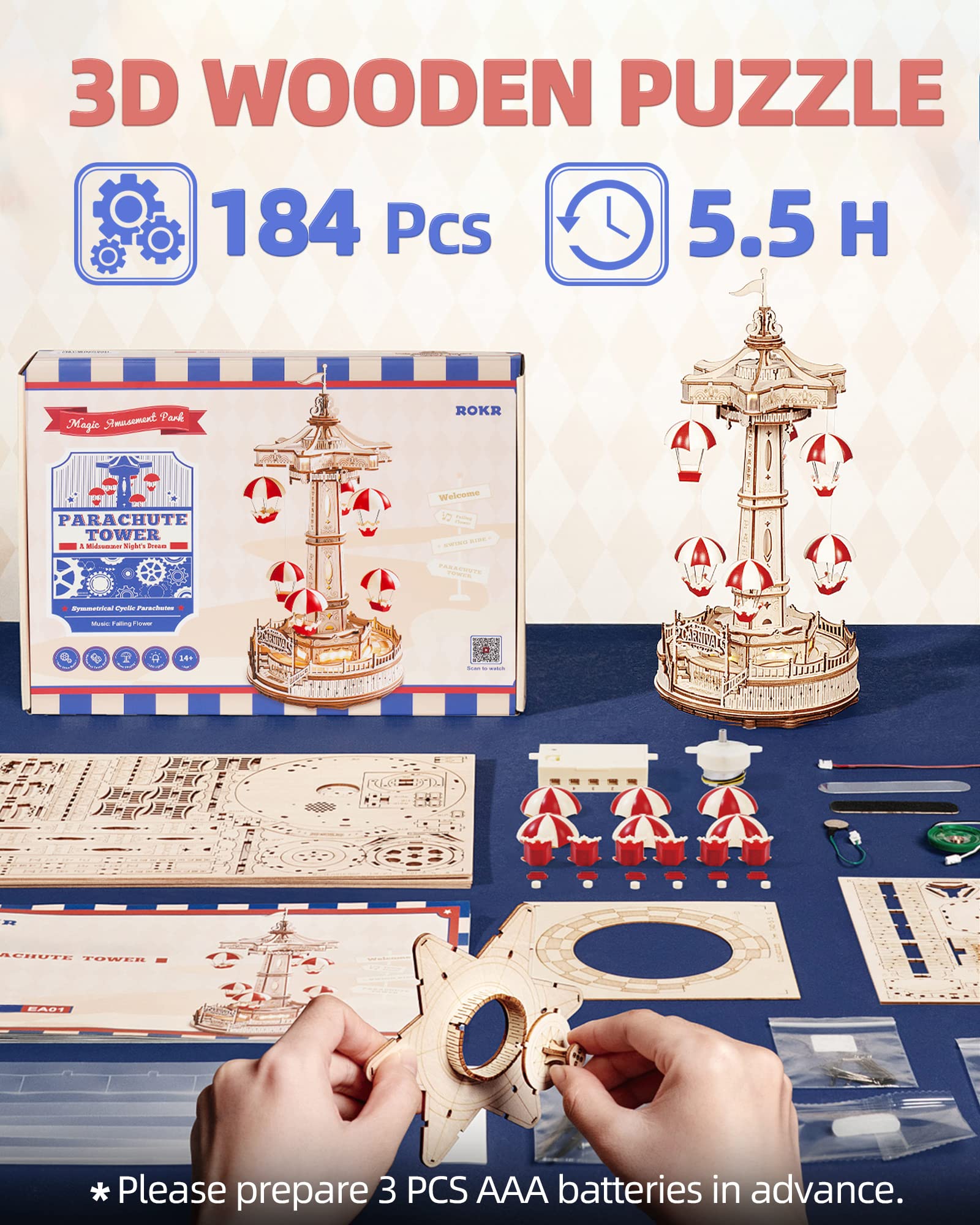 ROKR kit requires 3x AAA batteries and includes spare parts.