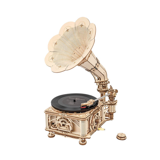 ROKR gramophone wooden puzzle front view for stylish vintage desk decor.