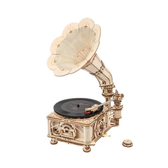 ROKR gramophone wooden puzzle front view for stylish vintage desk decor.