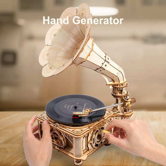 ROKR gramophone puzzle side view highlighting mechanical details for display.