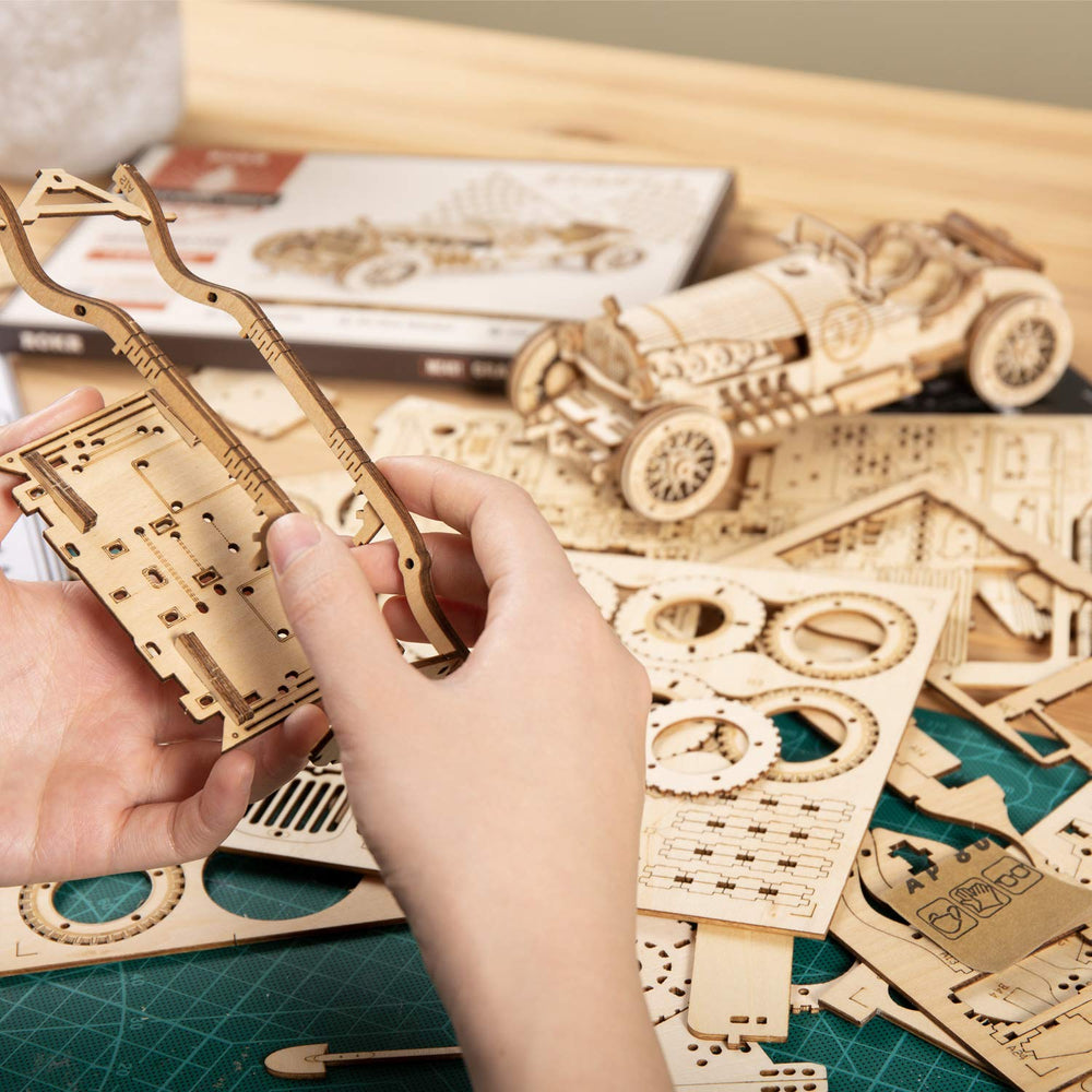 ROKR Grand Prix kit close-up wood texture captures authentic puzzle feel