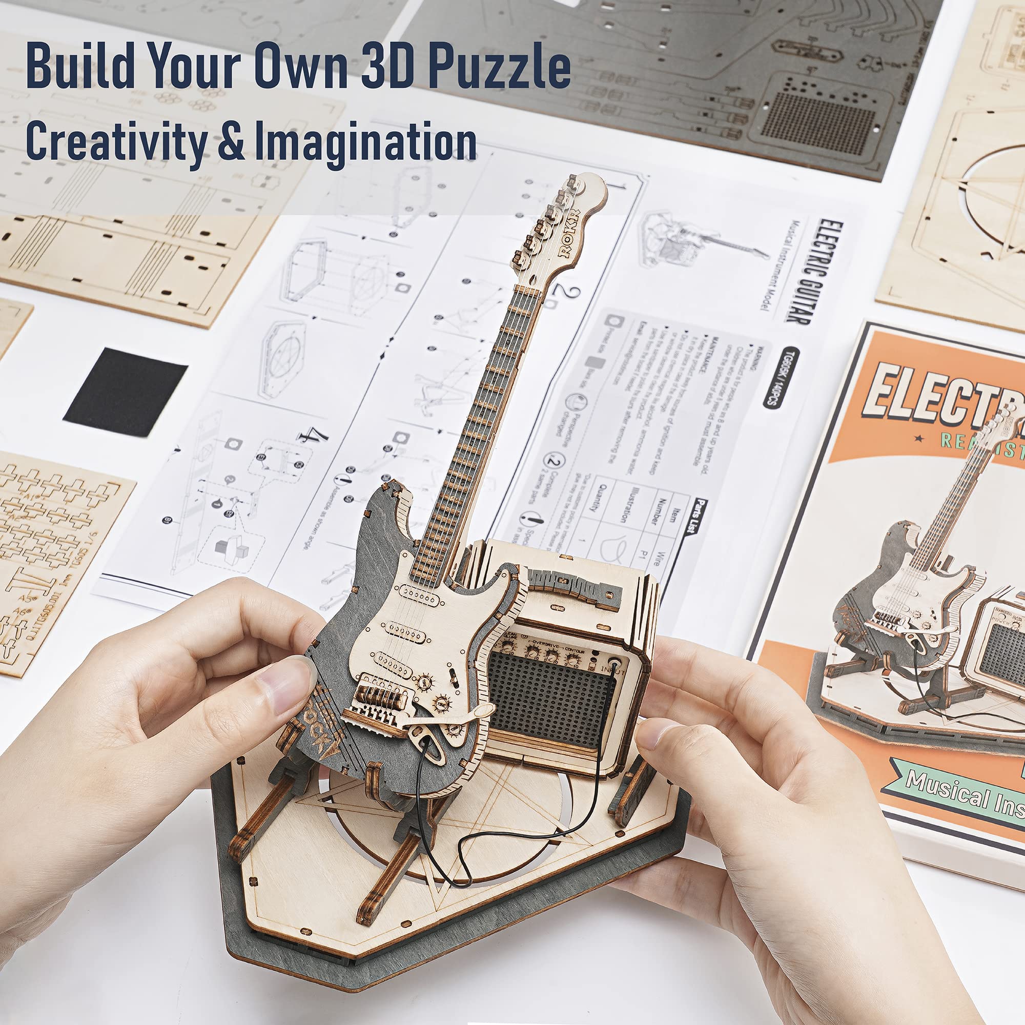 ROKR kid assembling wooden model promotes focus and problem solving.