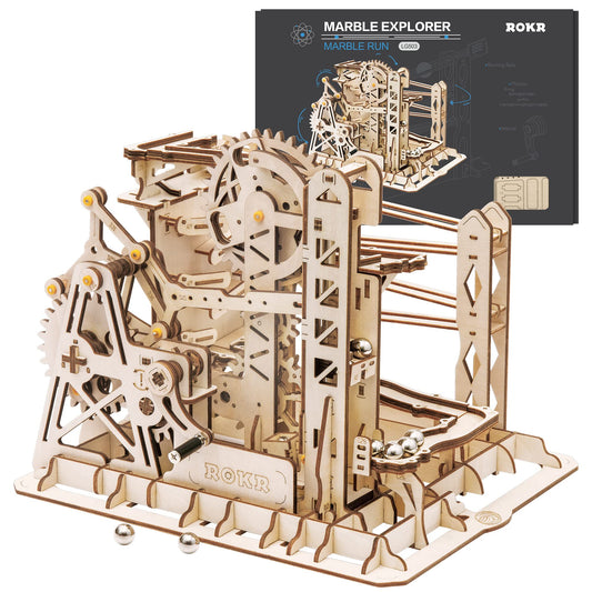 ROKR Lift Coaster puzzle finished model with rolling marble on track for desk display