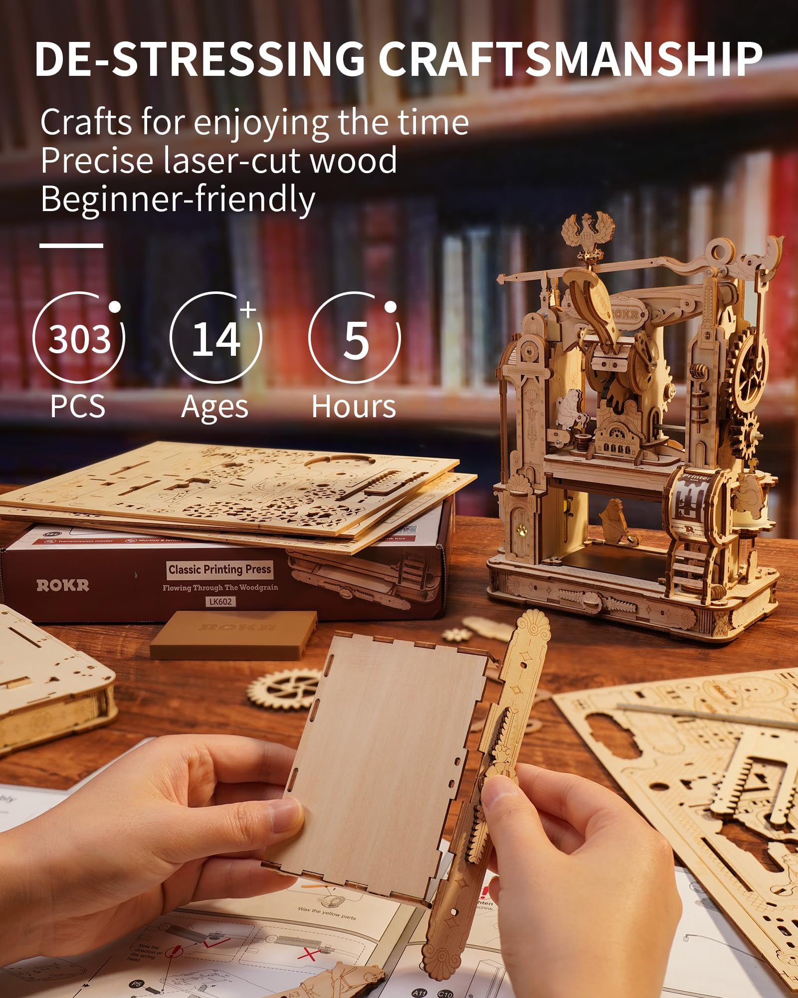 ROKR wood crafts kit featuring bear print-maker design for DIY projects