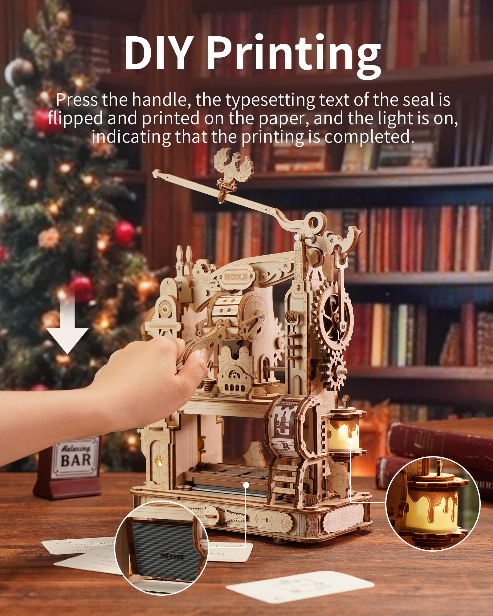 ROKR wooden printing press model with laser-cut details and smooth finish