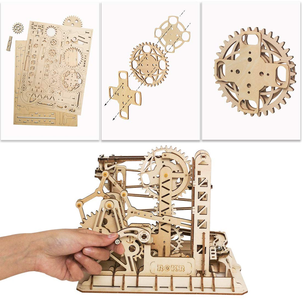 ROKR marble run ball-travel action inside a wooden kit for dynamic play