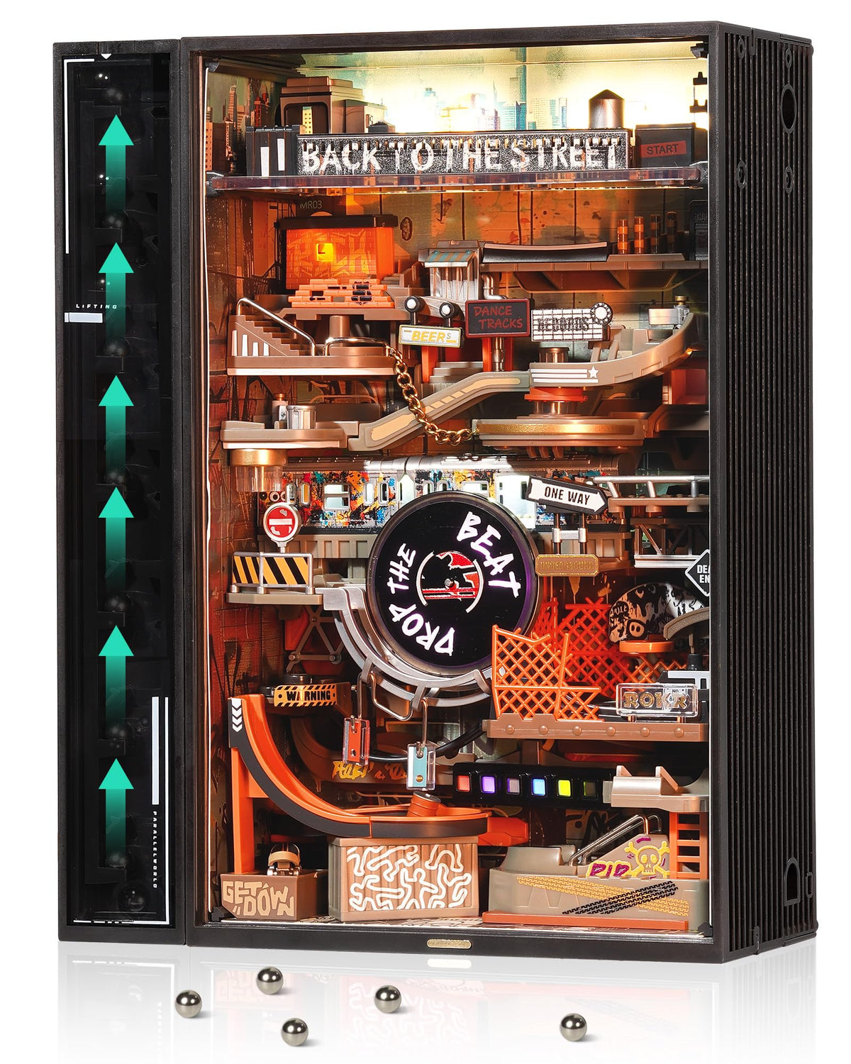 ROKR Marble Run hiphop city module with cyberpunk flair enhances desk ambiance.