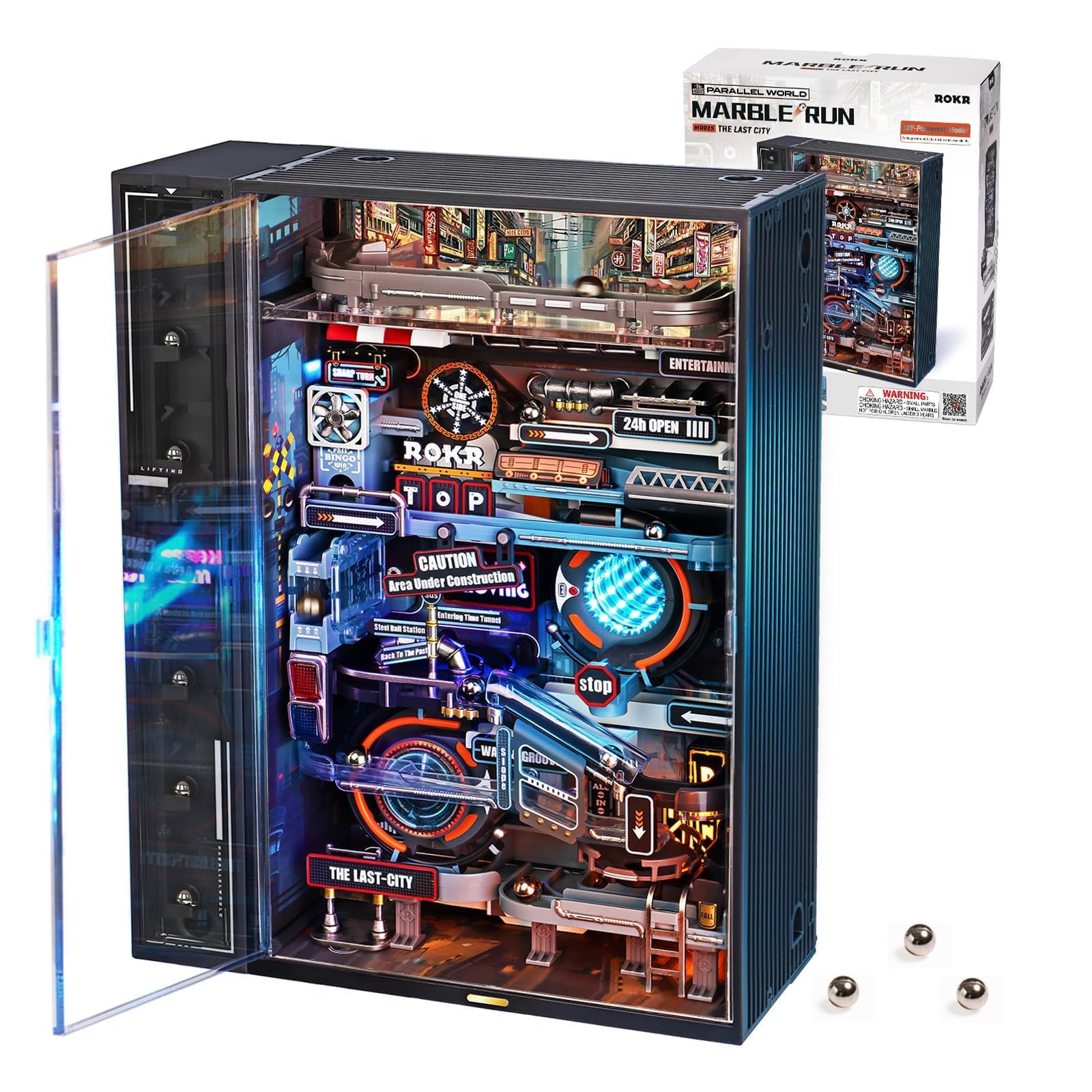 ROKR Marble Run Model Kit in assembly view with durable ABS components.