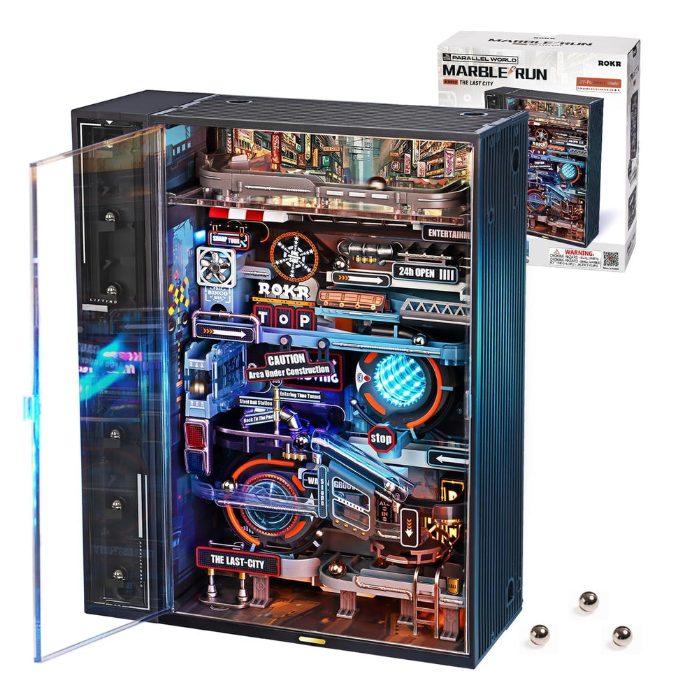 ROKR Marble Run Model Kit in assembly view with durable ABS components.