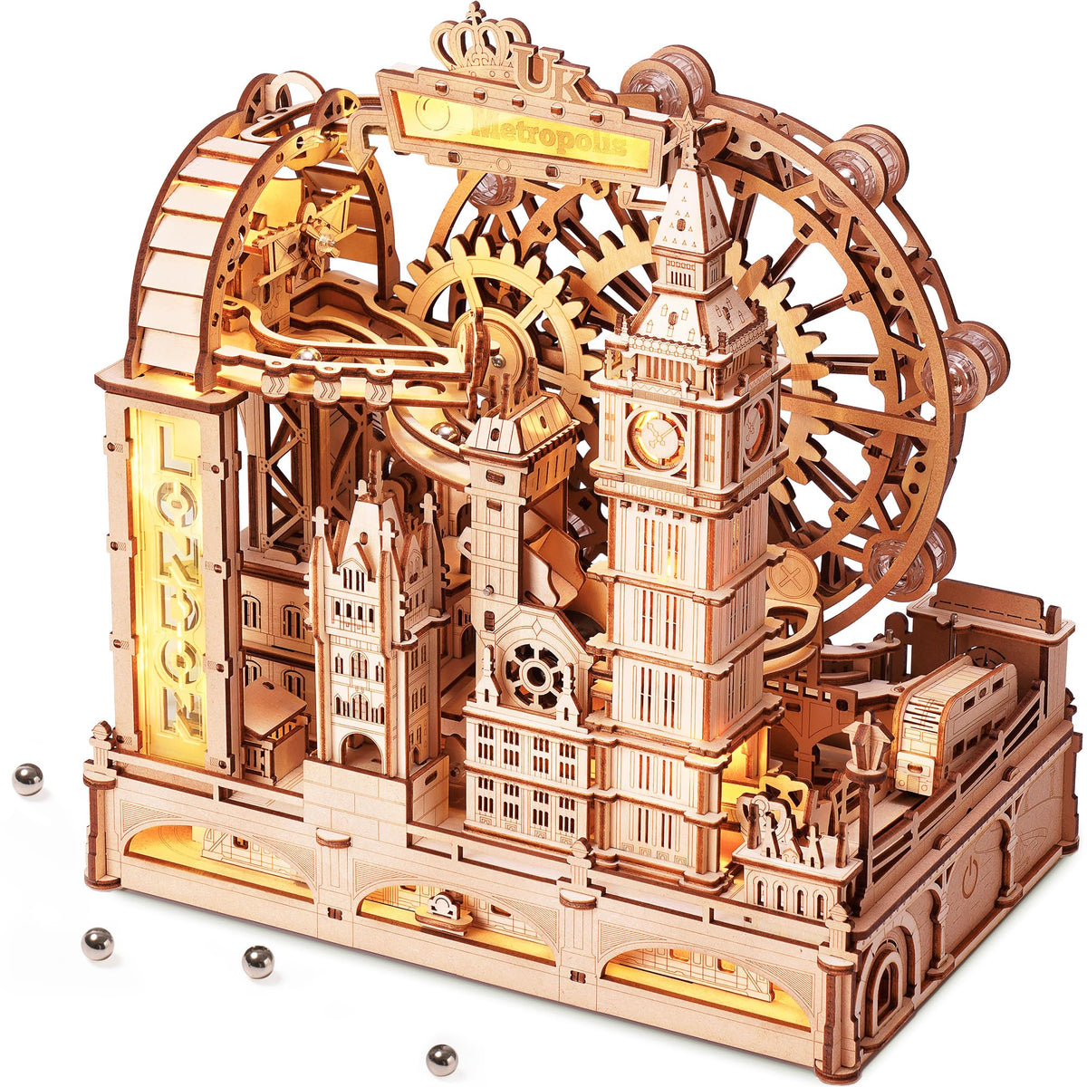 ROKR Marble Travel London kit on desk, intricate 3D puzzle for adults
