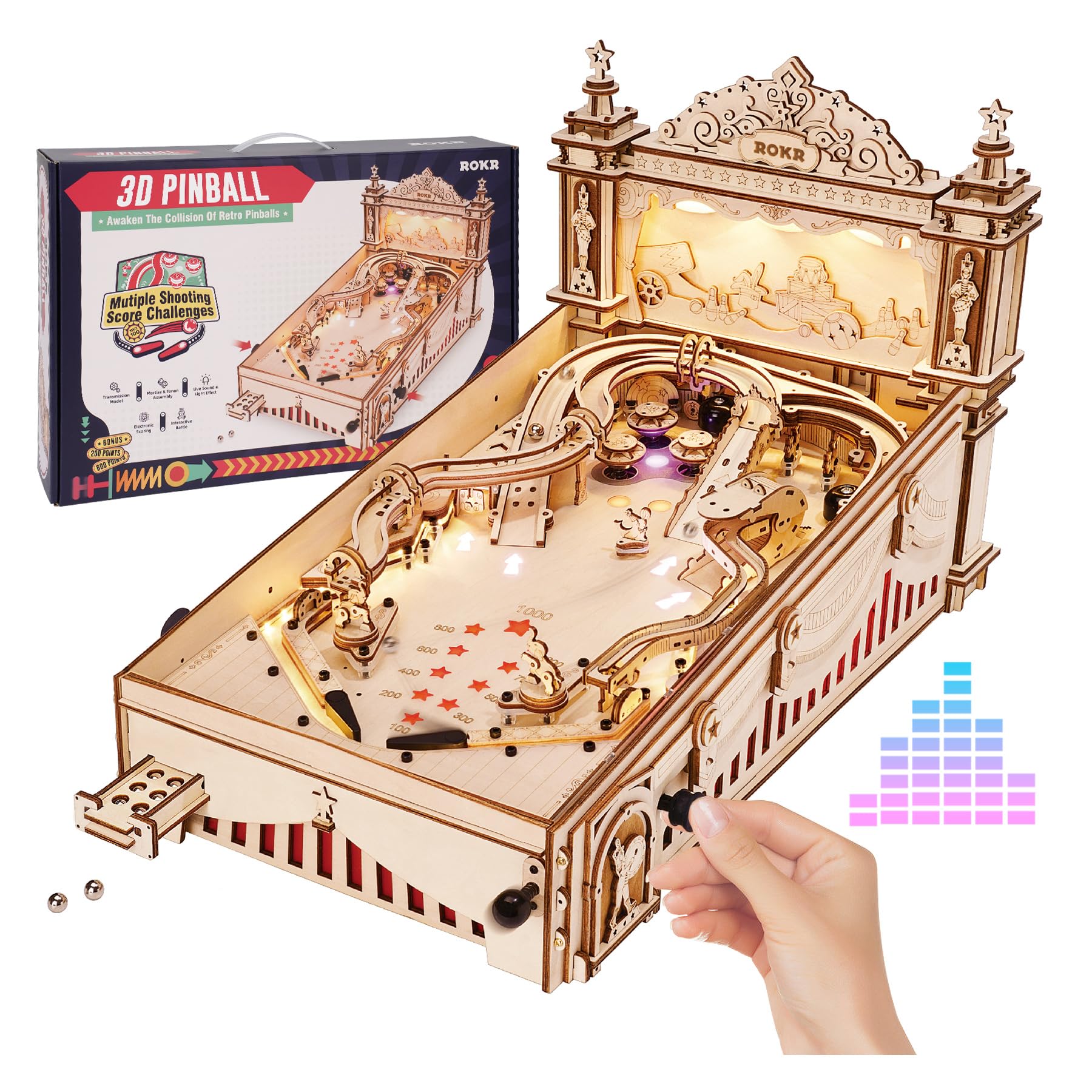 ROKR miniature pinball puzzle packaging showcases premium DIY project starter