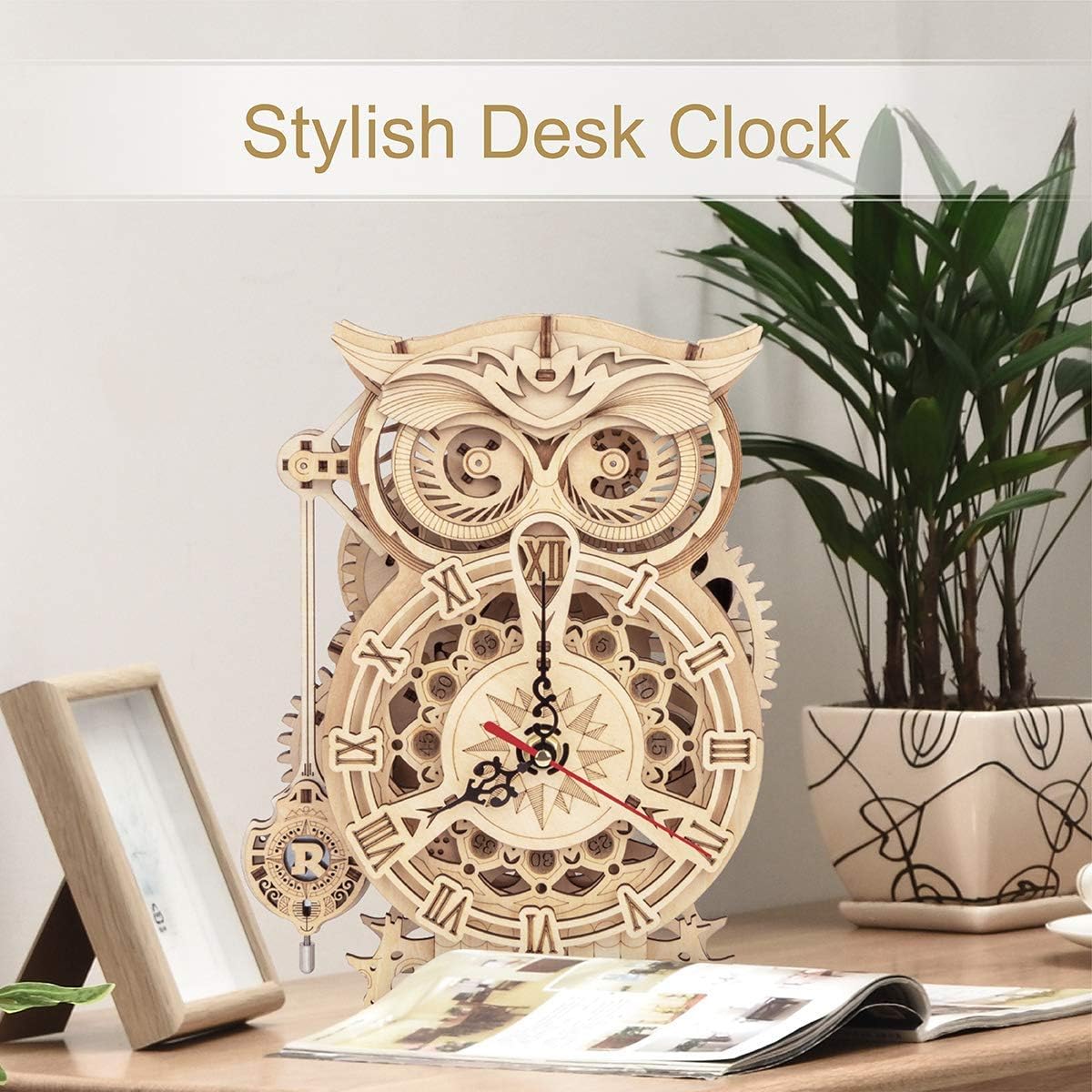 ROKR Owl Clock puzzle assembled display shows decorative, nostalgic desk piece