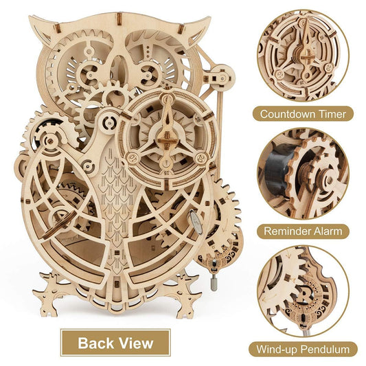 ROKR Owl Clock puzzle side view highlights precise interlocking joints for glue-free build
