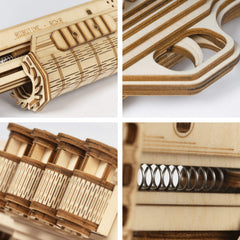 ROKR puzzle gun pieces close-up, showcasing detailed wooden craftsmanship.