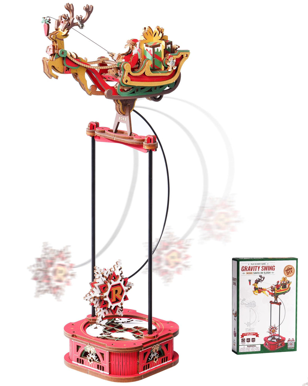 ROKR Santa on Sleigh gravity swing assembly demonstrates hands-on STEM fun and festive decoration.