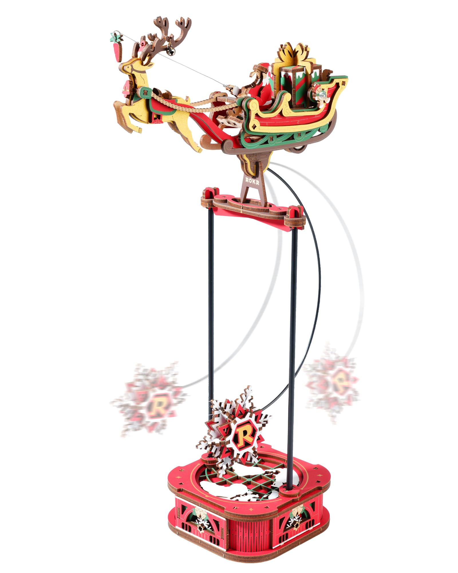 ROKR Santa Sleigh 3D puzzle on desk for holiday charm.