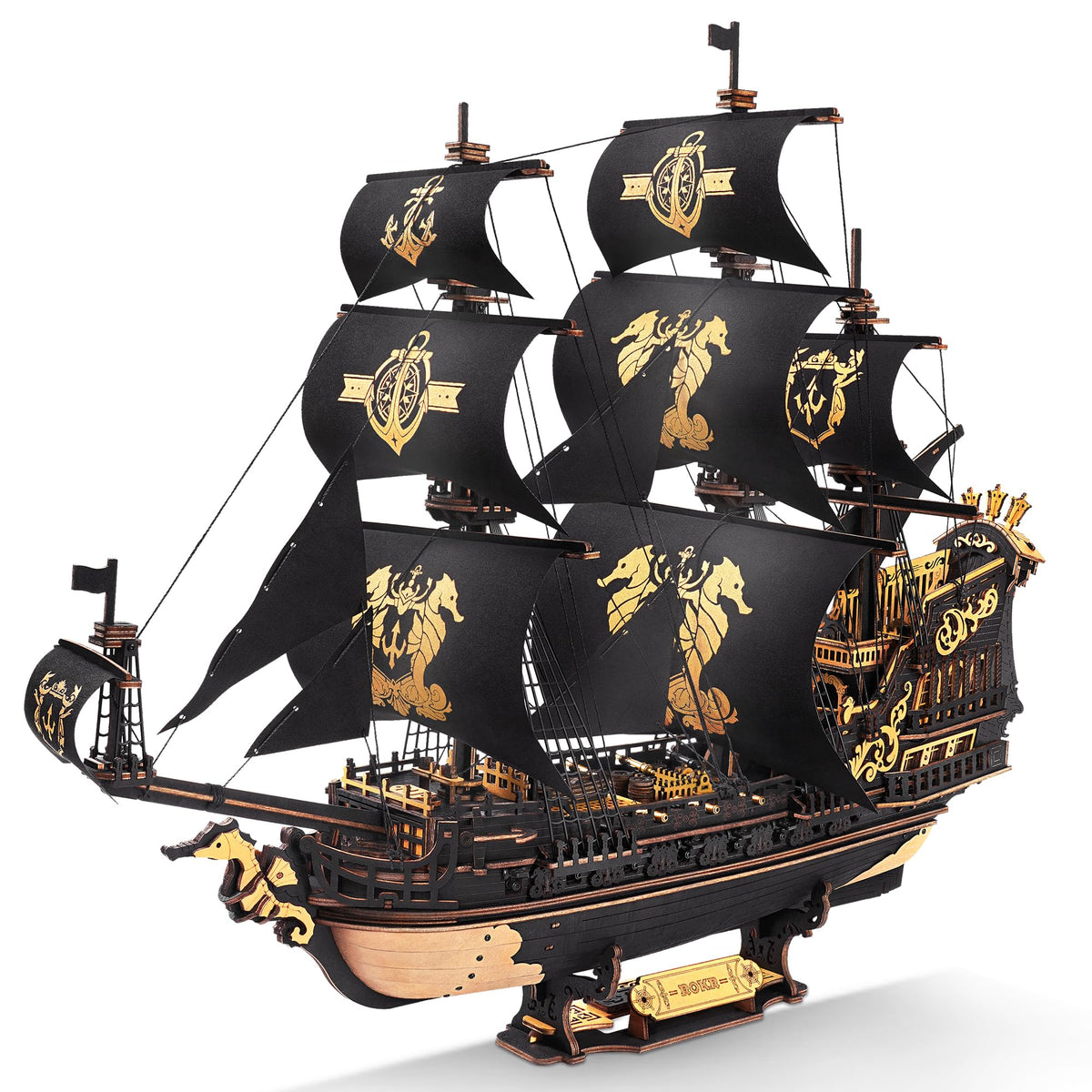 ROKR Seahorse Barque hull, showing interlocking wood for a sturdy display