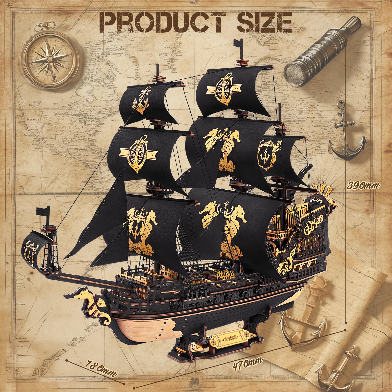 ROKR Seahorse Barque wooden pieces spread, tactile crafting
