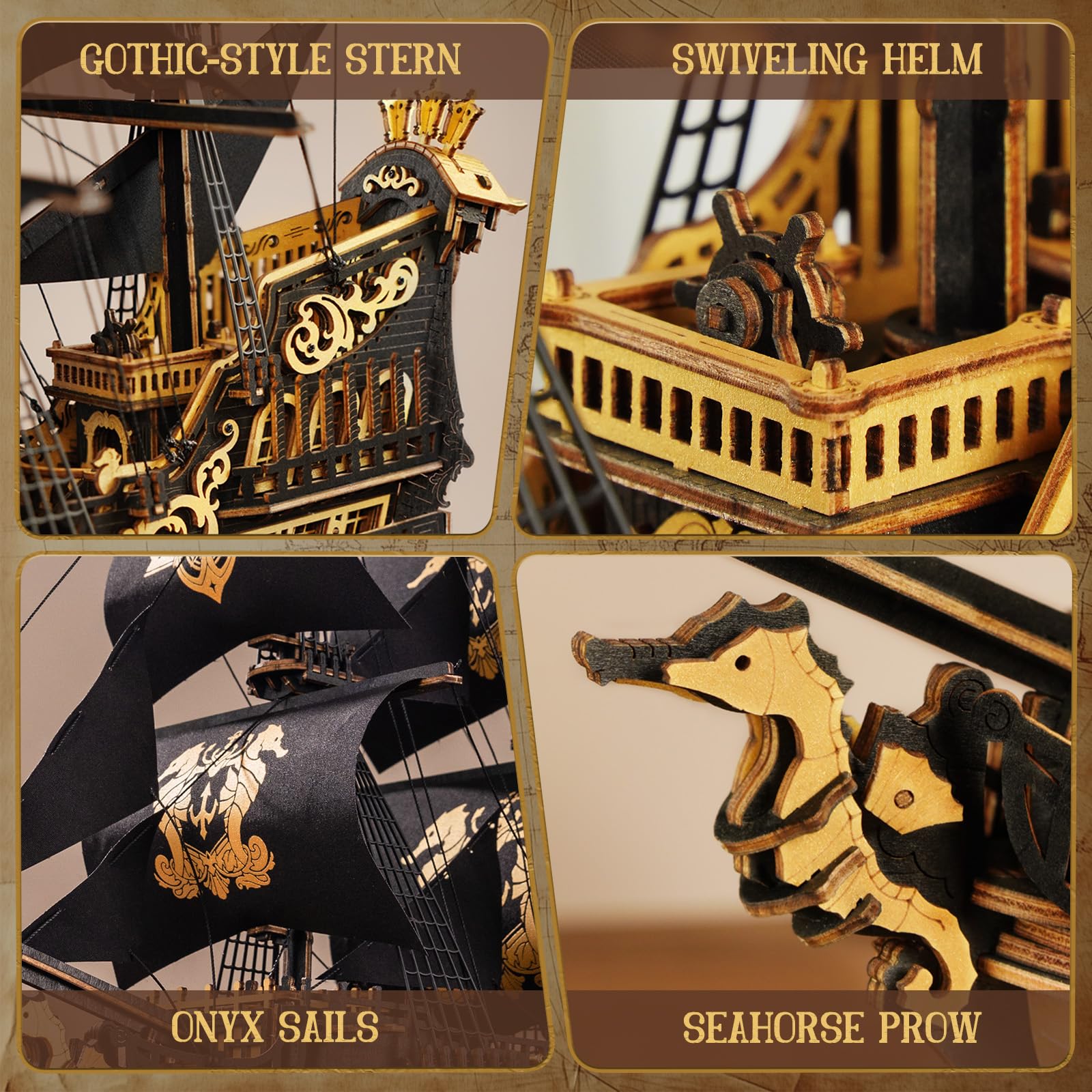 ROKR Seahorse Barque sails and deck, showcases fine woodwork